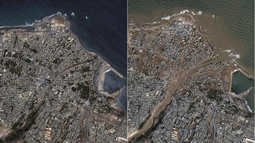Vista aérea de la ciudad de Derna, antes (i) y después de las inundaciones.