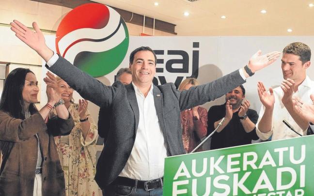 Imanol Pradales celebra la victoria en las elecciones del 21 de abril. / H.Bilbao / Europa Press Imanol Pradales celebra la victoria en las elecciones del 21 de abril.