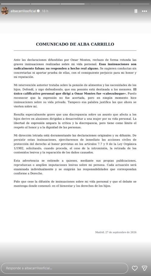 Comunicado de Alba Carrillo