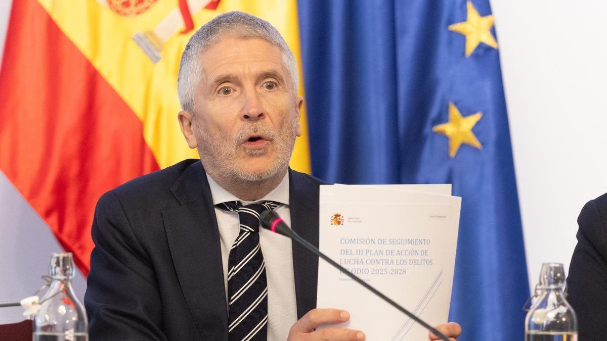 El ministro de Interior, Fernando Grande-Marlaska, durante la reunión extraordinaria de la Comisión de seguimiento del III Plan de Acción de Lucha contra los Delitos de Odio.