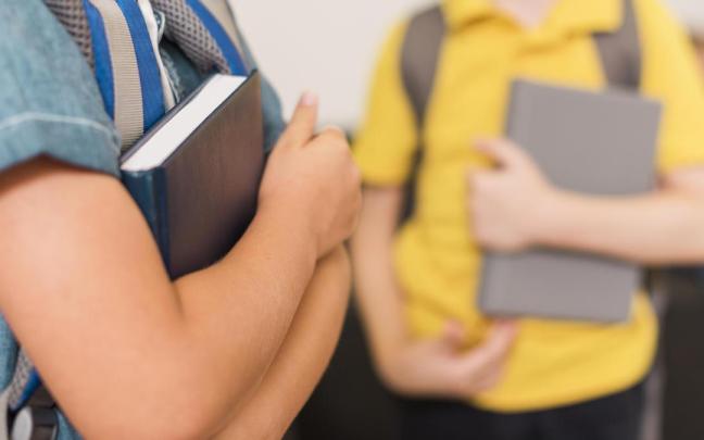 Niños, sosteniendo sus libros en el colegio.