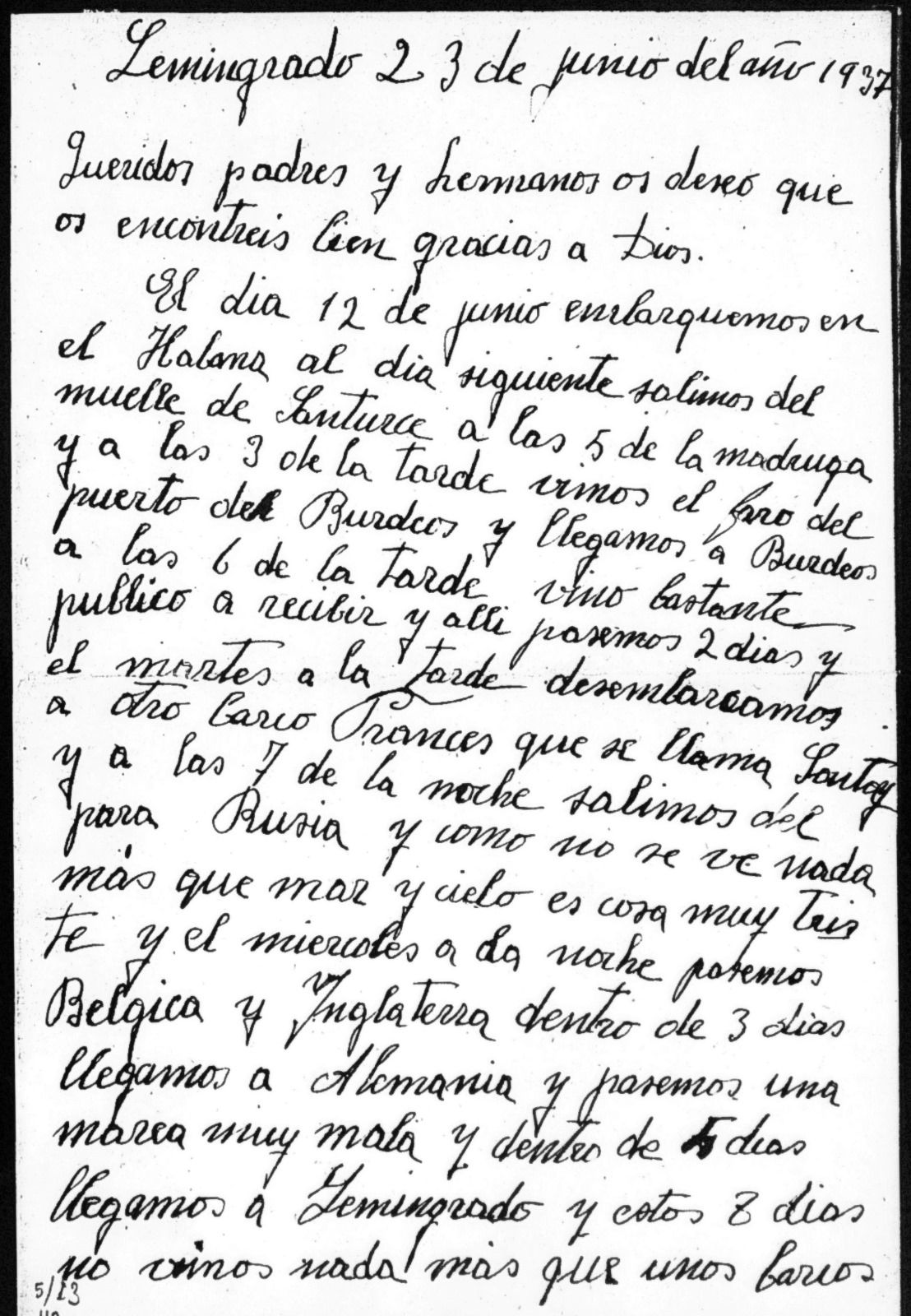 Carta que Ambrosio y su hermano Eugenio escribieron al llegar a Leningrado.