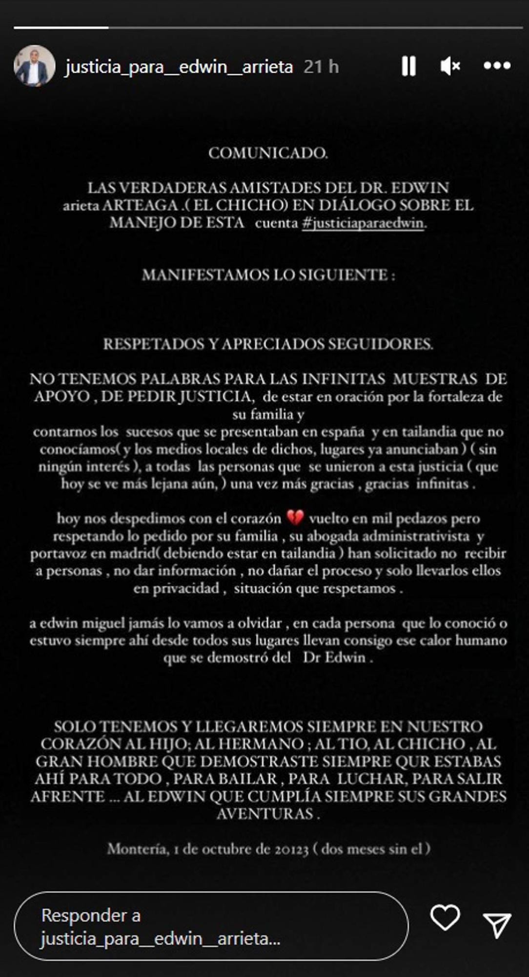 Comunicado de los amigos de Edwin Arrieta.