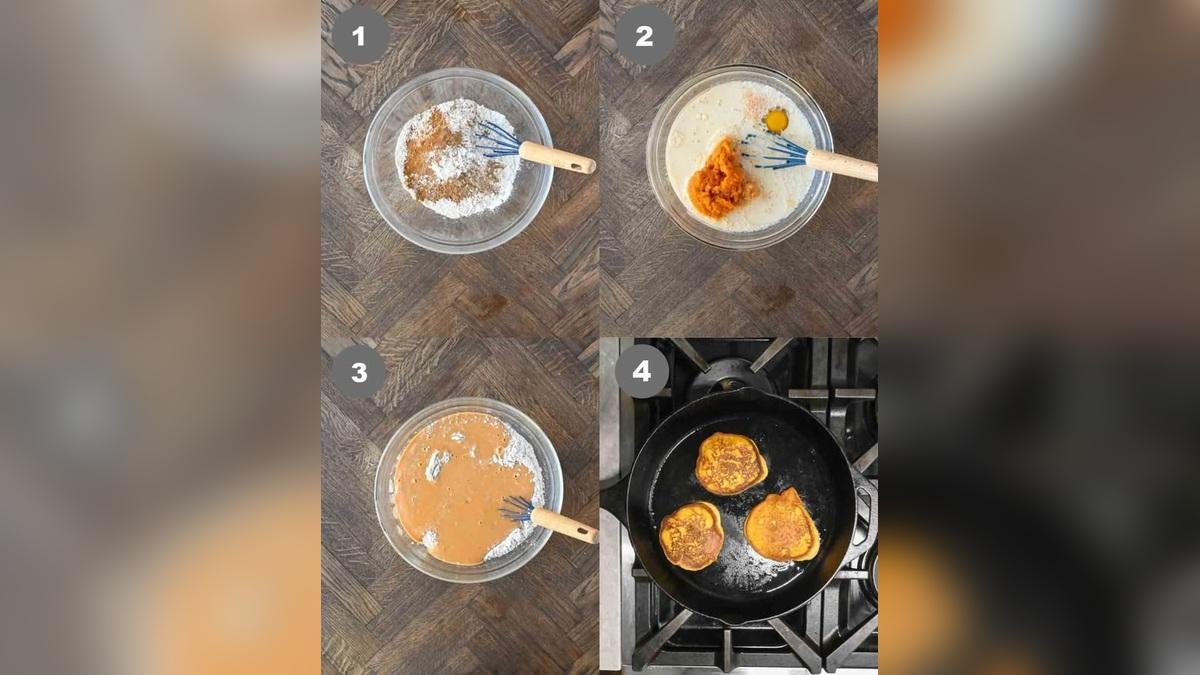 Preparación de unas tortitas de calabaza, desde la mezcla de los ingredientes hasta su cocción en la sartén.