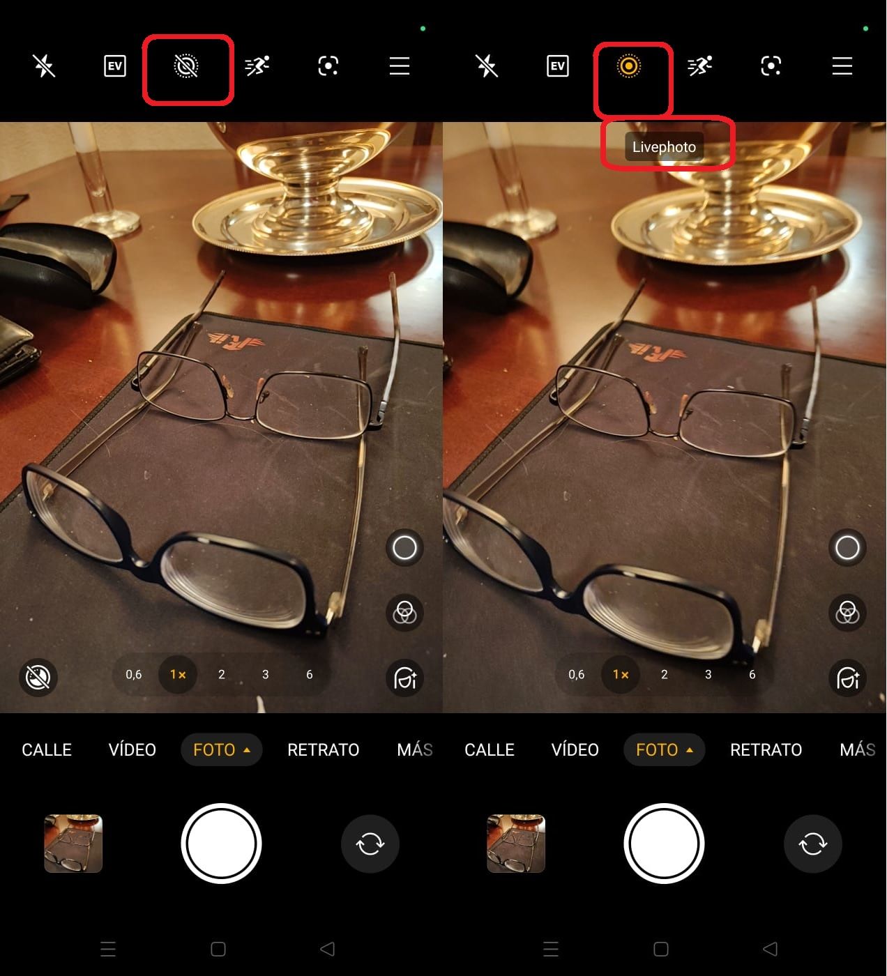 A la izquierda, el icono de 'Imagen en movimiento' en blanco, desactivado; a la derecha, el icono activado, en amarillo.