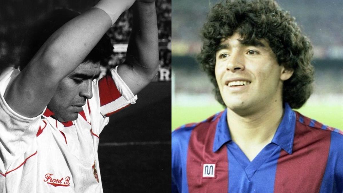 Diego Armando Maradona en su etapa como jugador del Sevilla FC y del FC Barcelona.