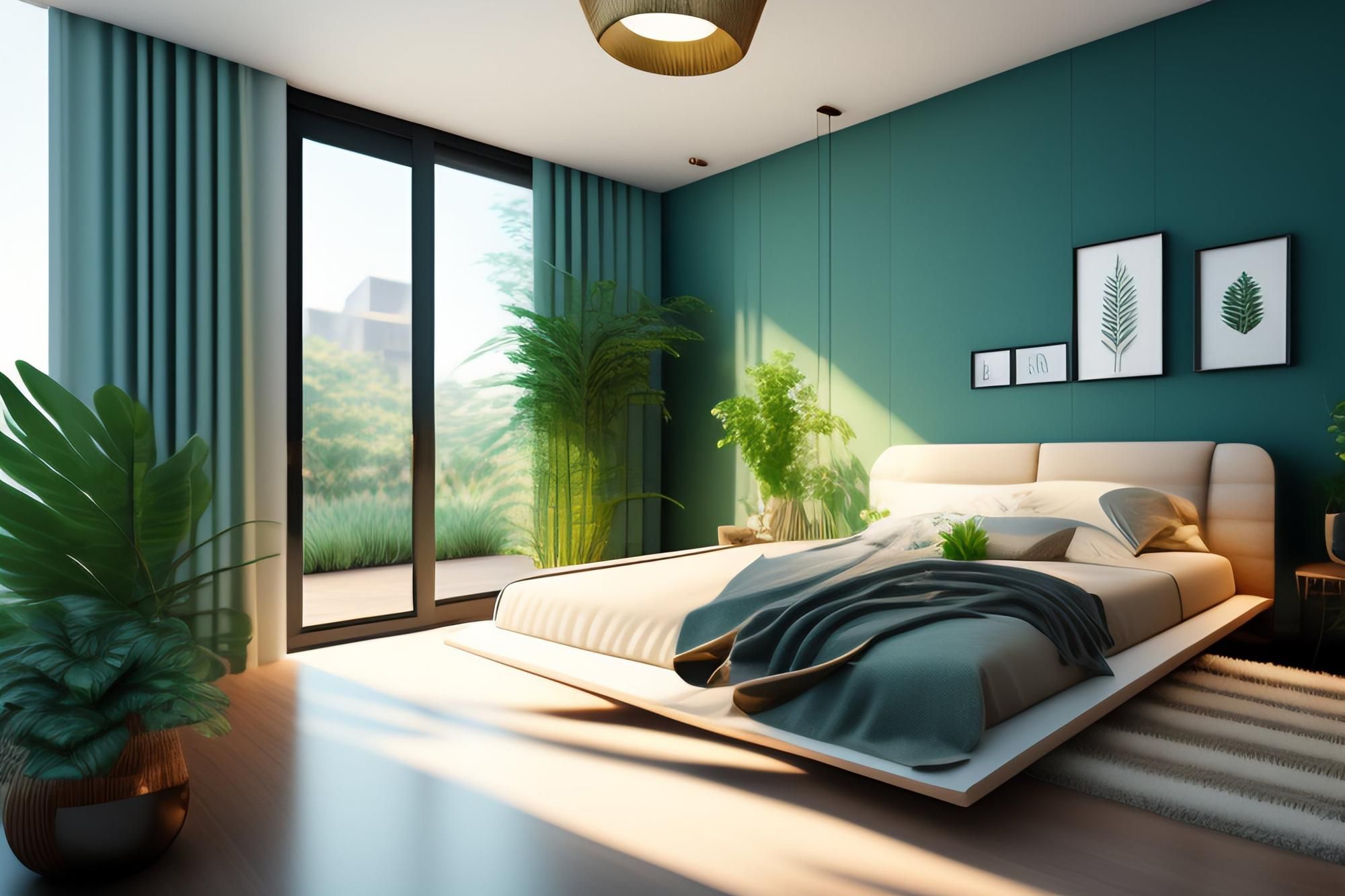 Dormitorio con la pared, las cortinas y la manta en la misma tonalidad verde.