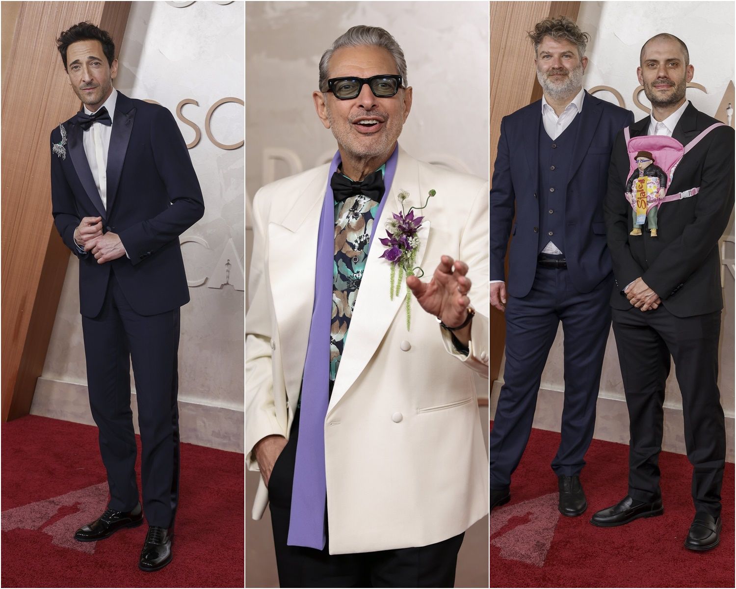 Adrien Brody, Jeff Goldblum y Nicolas Keppens junto a su acompañante.