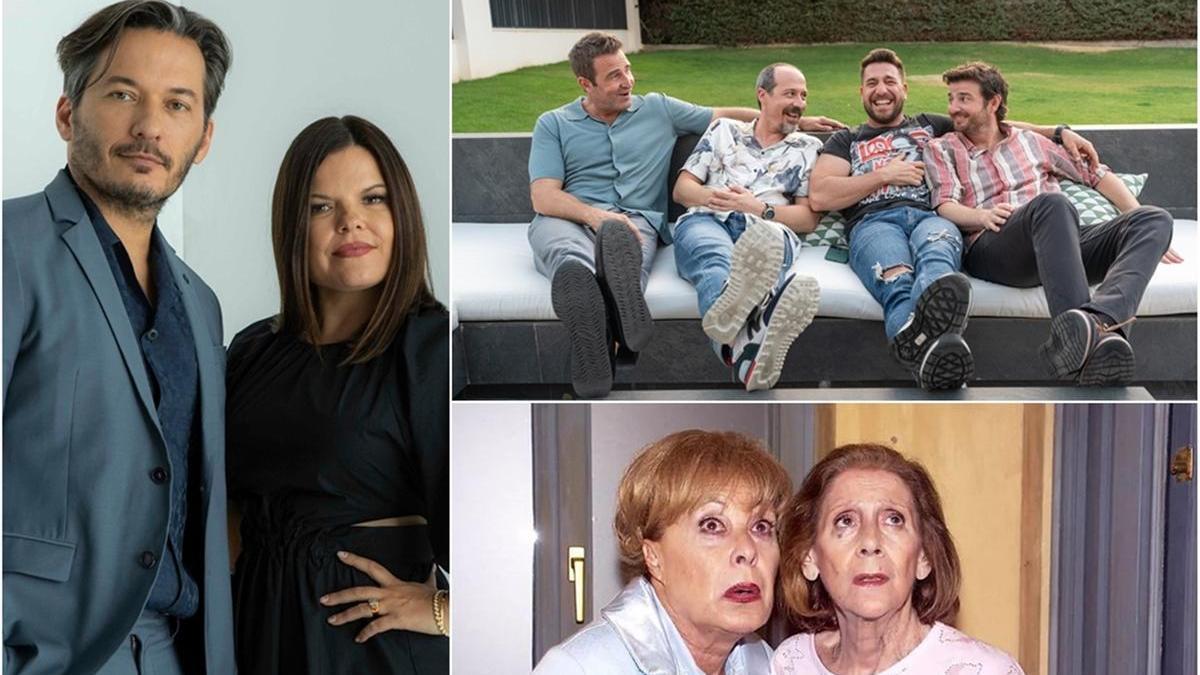 A la izquierda, Abel y Laura Caballero. A la derecha, fotogramas de ‘Machos alfa’ y ‘Aquí no hay quien viva’.