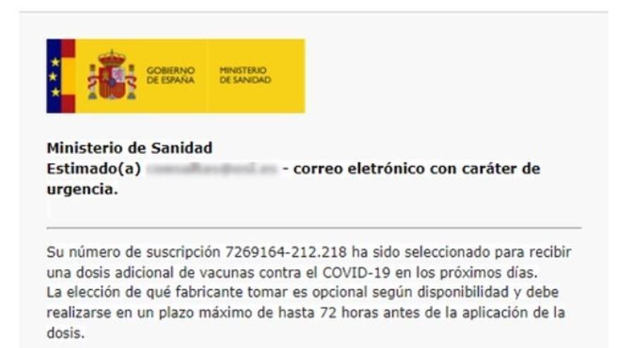 Alertan sobre un falso correo electrónico de Sanidad que informa de una dosis adicional de la vacuna contra el Covid