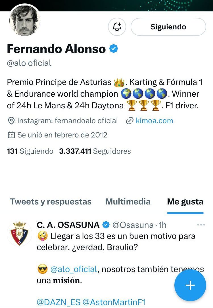 Captura de pantalla de la cuenta personal de Fernando Alonso en Twitter.