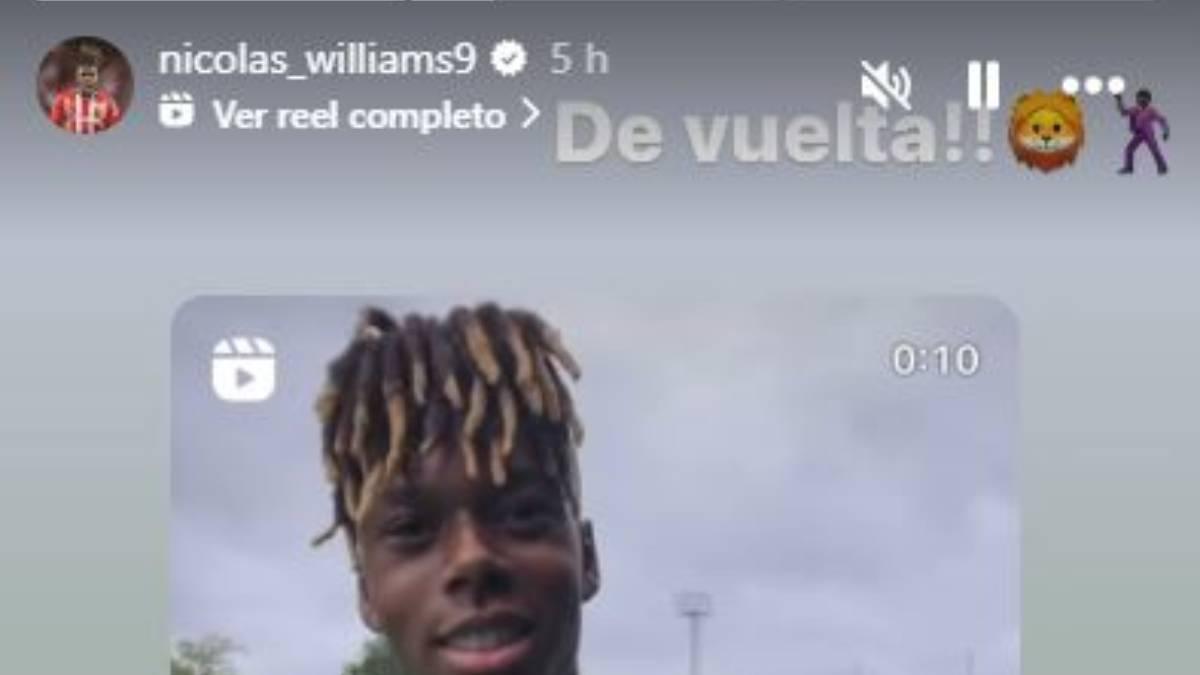 Publicación de Nico Williams en sus stories de Instagram: "De vuelta"