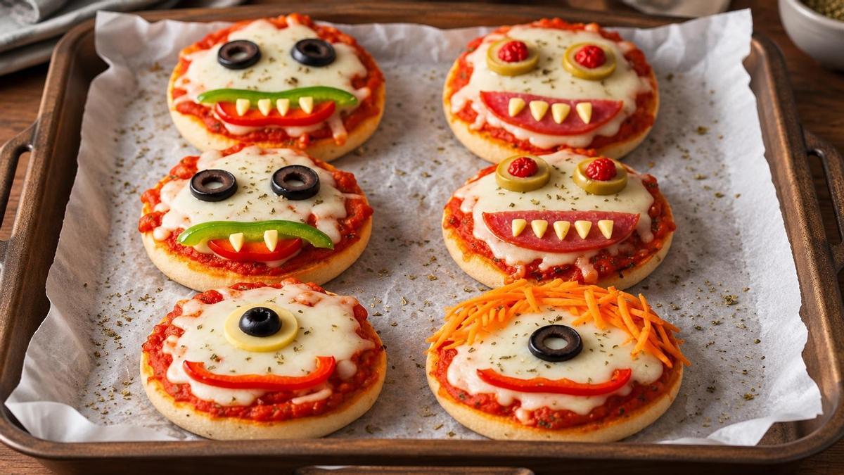 Mini pizzas decoradas con caras de monstruo para Halloween.