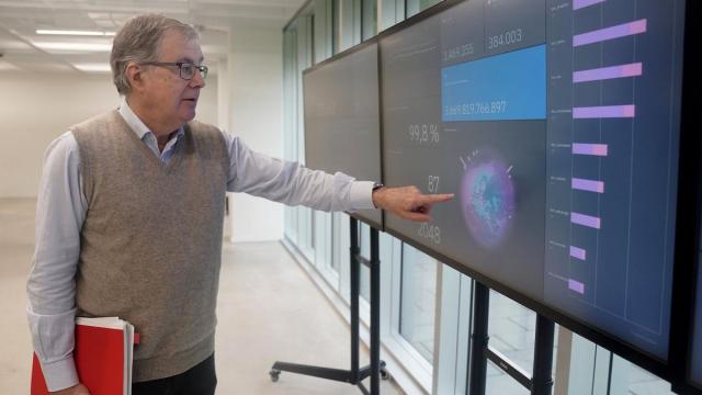Fernando Cossío señalando el panel de actividad de la plataforma mundial de IBM Quantum.
