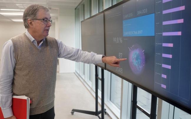 Fernando Cossío señalando el panel de actividad de la plataforma mundial de IBM Quantum.