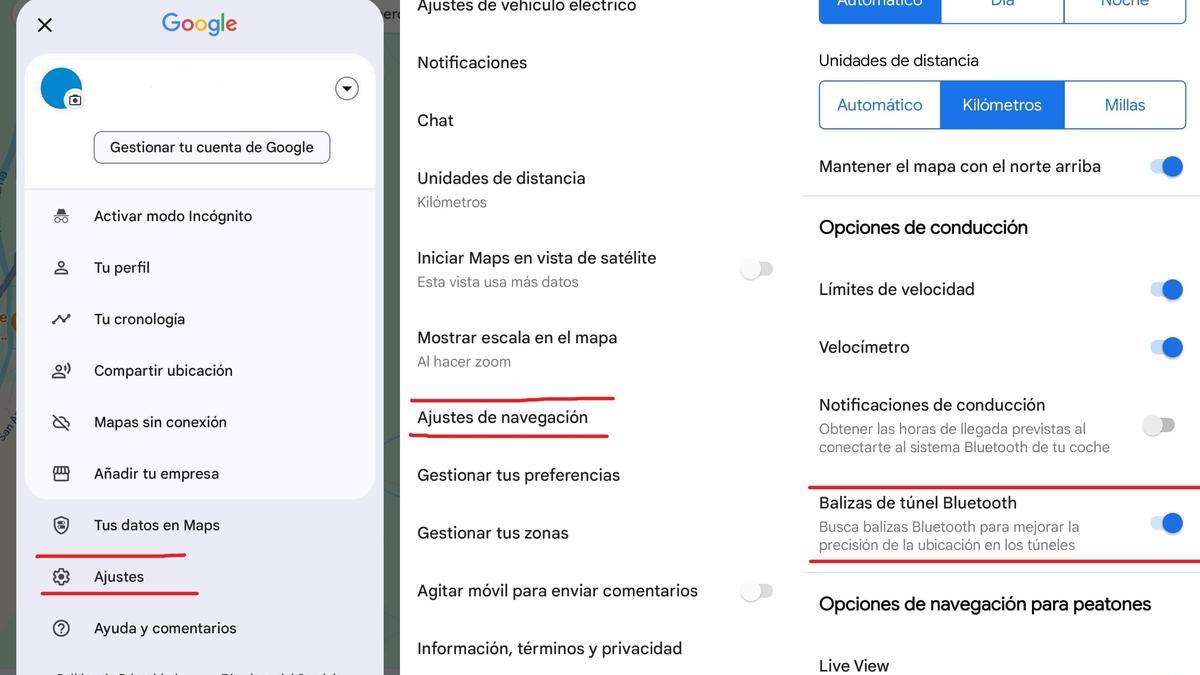 El camino para activar la función 'Balizas de túnel Bluetooth'.