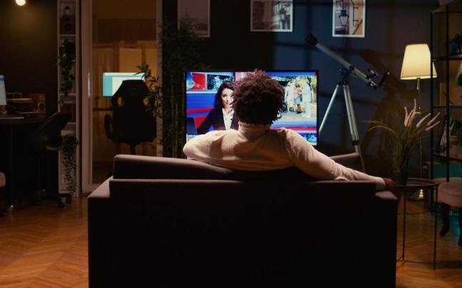 Una persona ve la televisión en el salón de su casa.