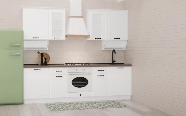 Cocina con una alfombra para proteger el suelo.