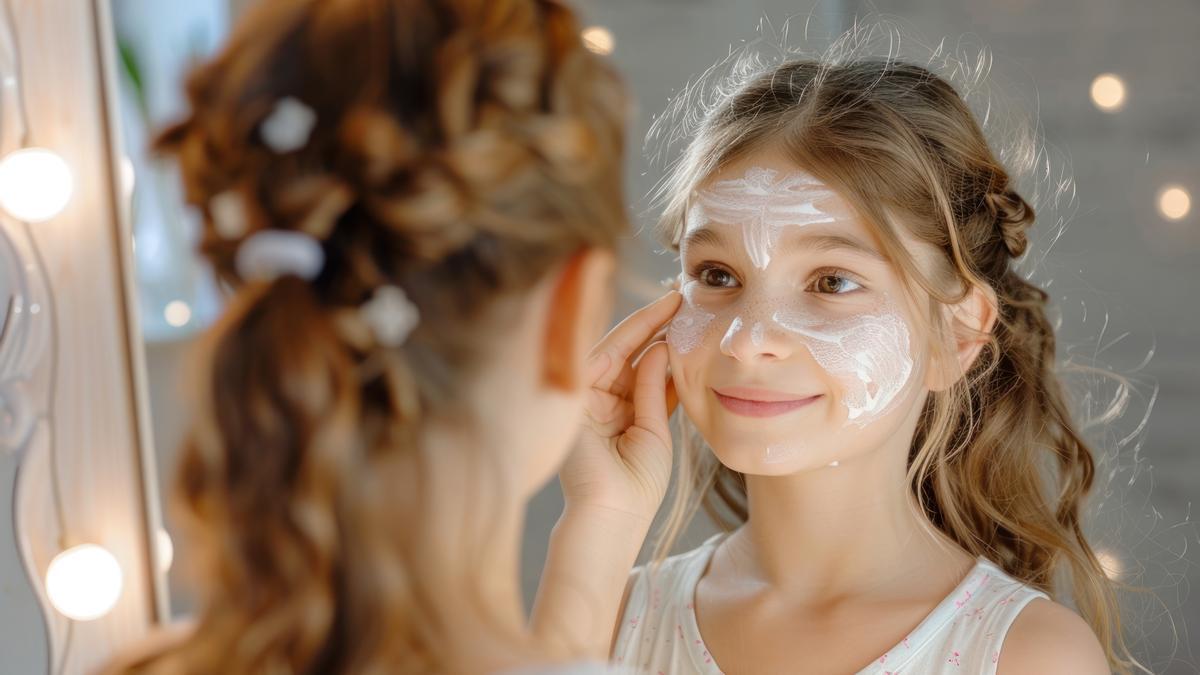 Una niña pequeña con crema en la cara frente al espejo.