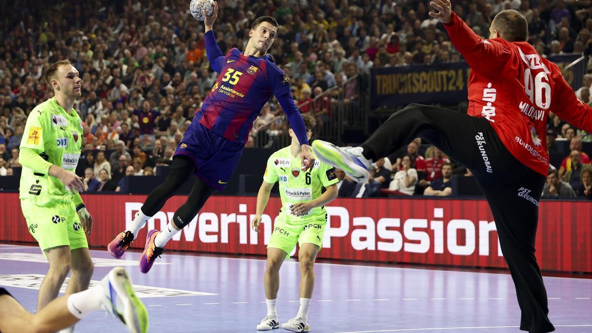 El jugador del Barça Domen Makuc, en la final de la Champions League ante el Füchse Berlin