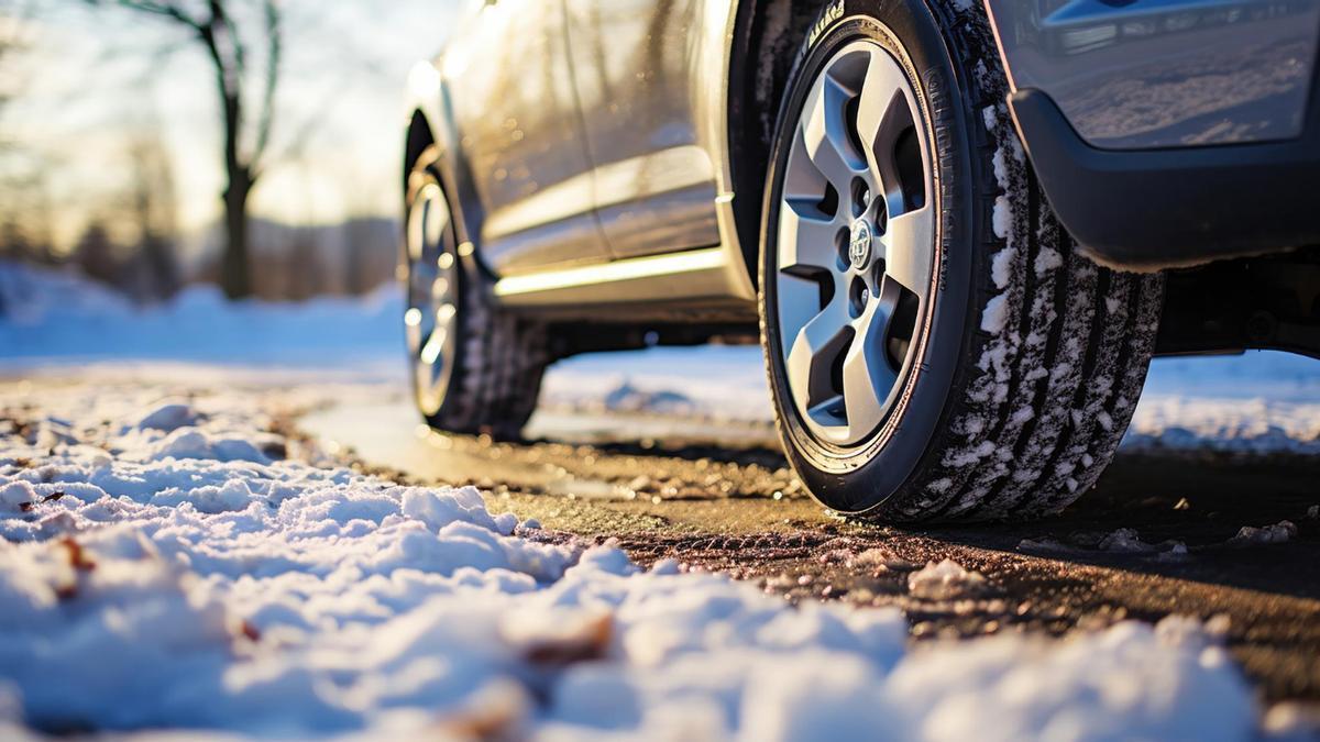 Un coche equipado con neumáticos de invierno.