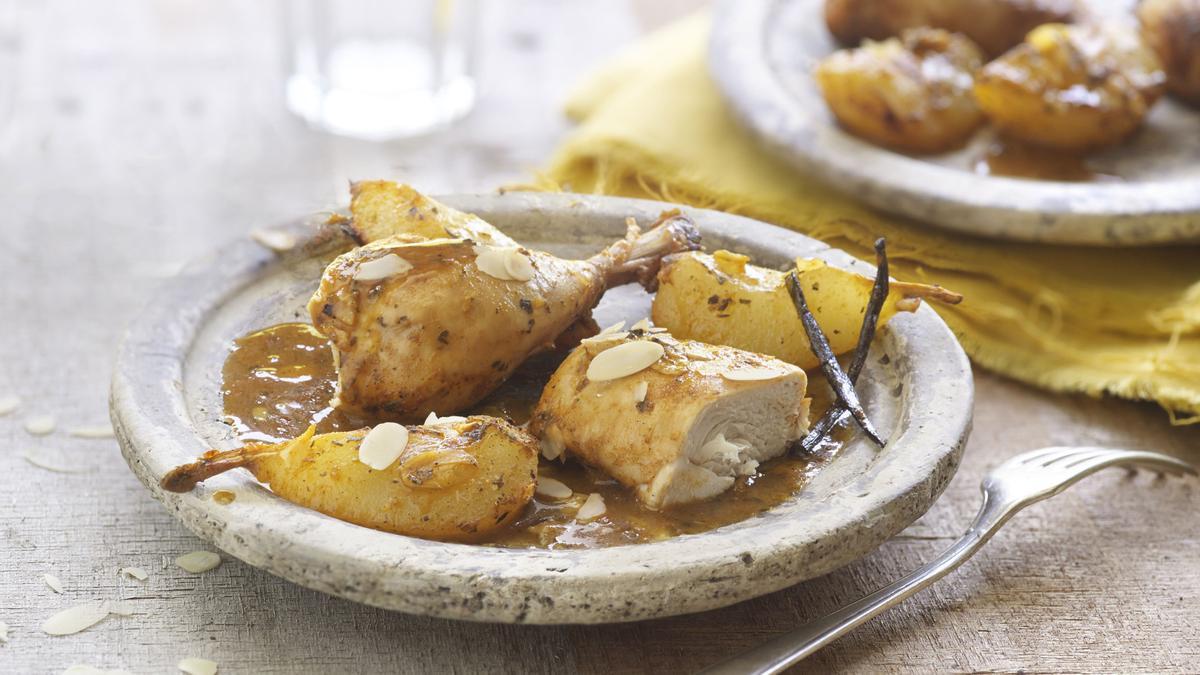 Pollo al horno con peras y vainilla.