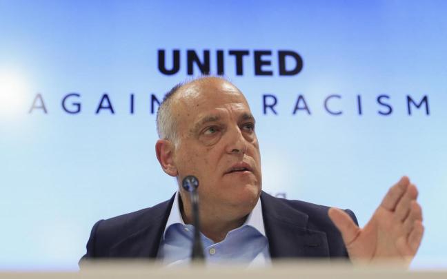 El presidente de LaLiga, Javier Tebas, durante la comparecencia. El presidente de LaLiga, Javier Tebas, durante la comparecencia.