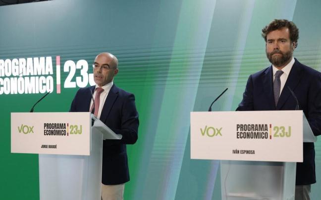 Jorge Buxadé (i) e Iván Espinosa de los Monteros presentan el programa electoral de Vox. Jorge Buxadé (i) e Iván Espinosa de los Monteros presentan el programa electoral de Vox.