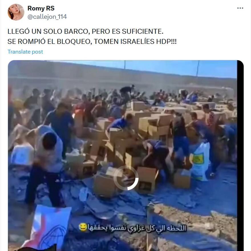 Captura de X con el mensaje falso de la llegada de la ayuda que llevaba la flotilla.