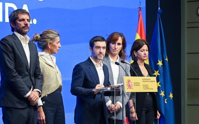 Los ministros de Sumar, en la rueda de prensa tras el Consejo de Ministros del pasado martes.