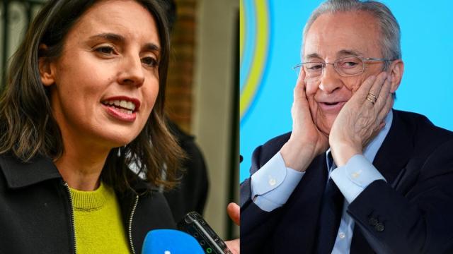 Irene Montero, eurodiputada de Podemos, y Florentino Pérez, presidente del Real Madrid.