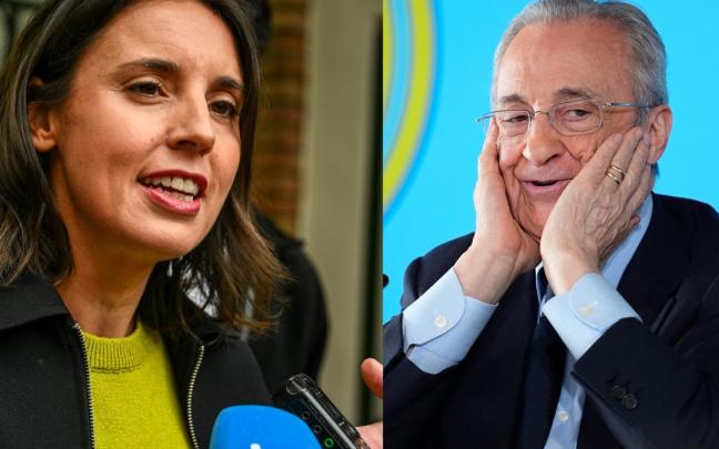 Irene Montero, eurodiputada de Podemos, y Florentino Pérez, presidente del Real Madrid.