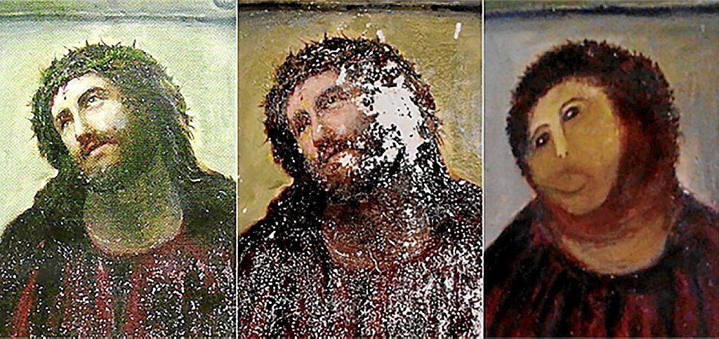 El ‘Ecce Homo’ en tres fases: medio bien, bastante estropeado, y ‘restaurado’.