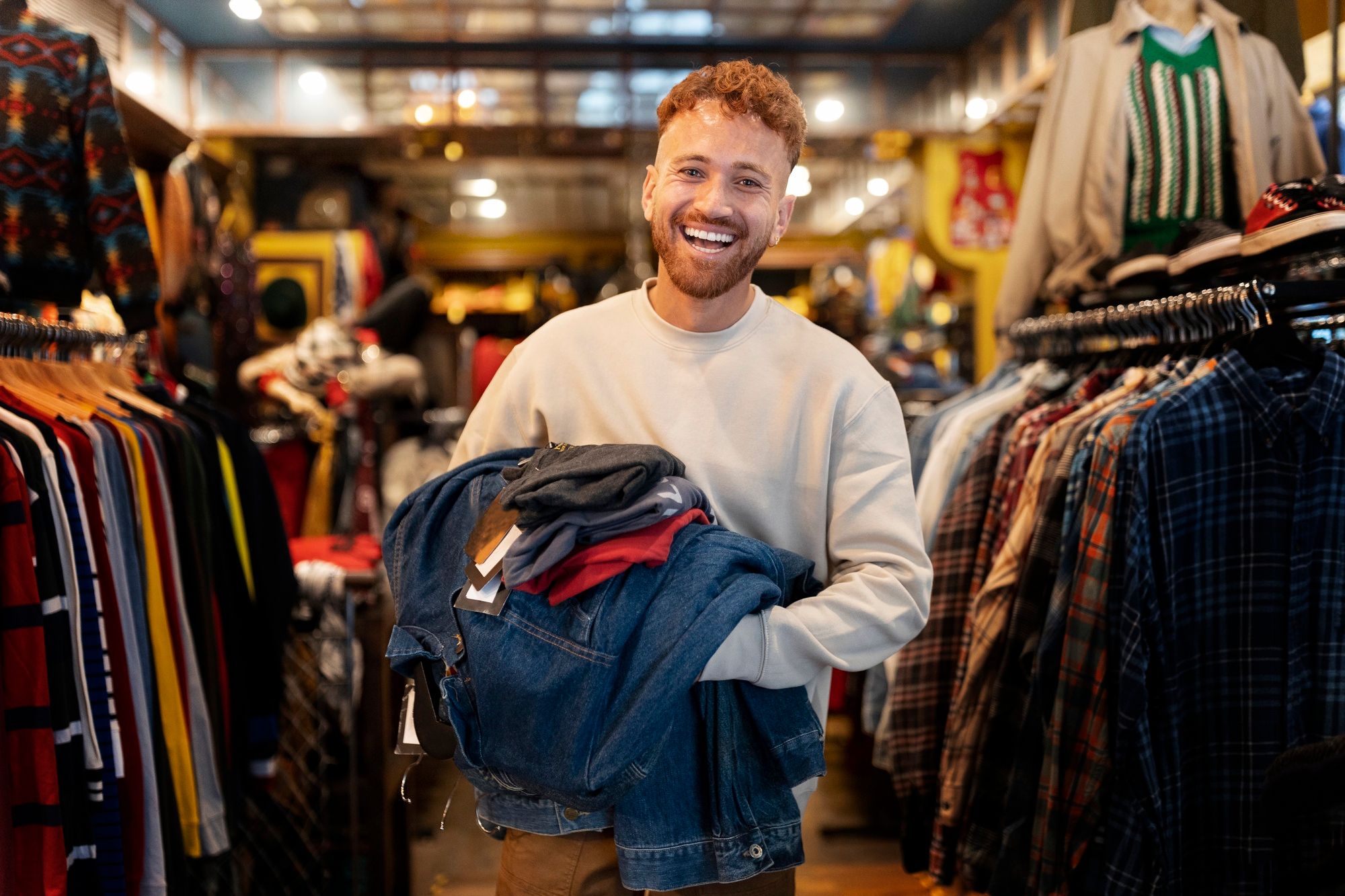 Un cliente elige un montón de prendas en una tienda de ropa.