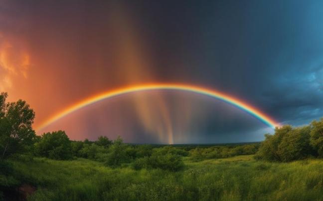 Un brillante arcoíris se ha formado delante de una tormenta.