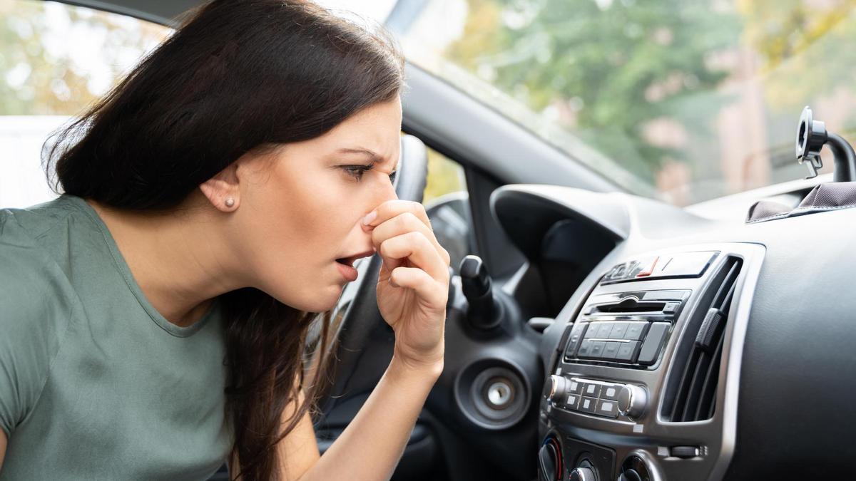 Una mujer se tapa la nariz a causa del mal olor en su coche.