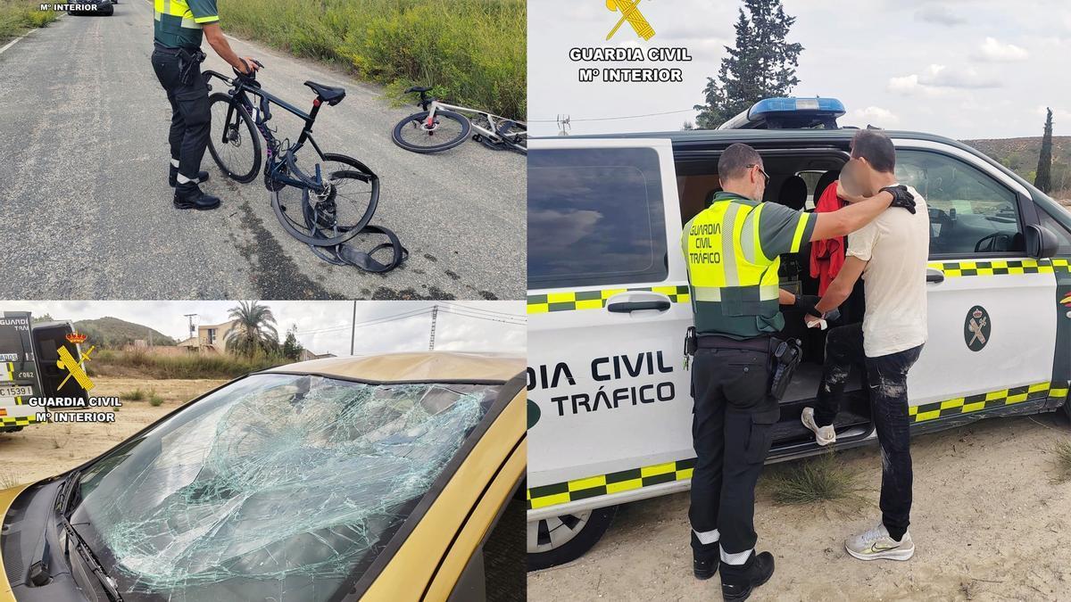 Imágenes del estado de una de las bicicletas tras el suceso y de la luna del vehículo conducido por el detenido y este último tras su arresto.