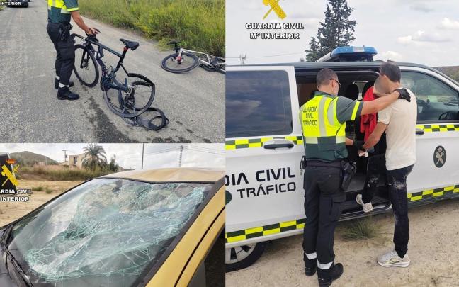 Imágenes del estado de una de las bicicletas tras el suceso y de la luna del vehículo conducido por el detenido y este último tras su arresto.