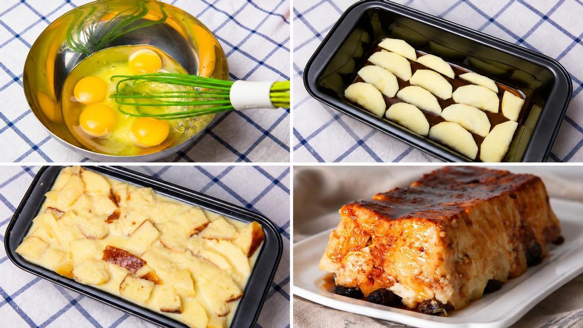 Elaboración y resultado de un pudin de pan y manzana, una receta sencilla para aprovechar las sobras.