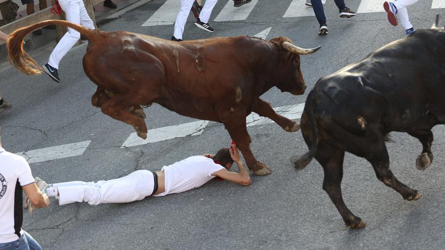 Susto en el 4º encierro de fiestas de Tafalla: un mozo tropieza y los toros le pasan rozando
