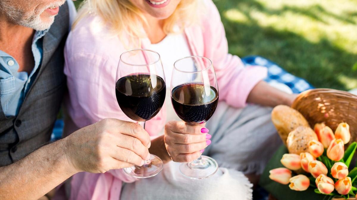 Pareja disfrutando de una copa de vino en un picnic.