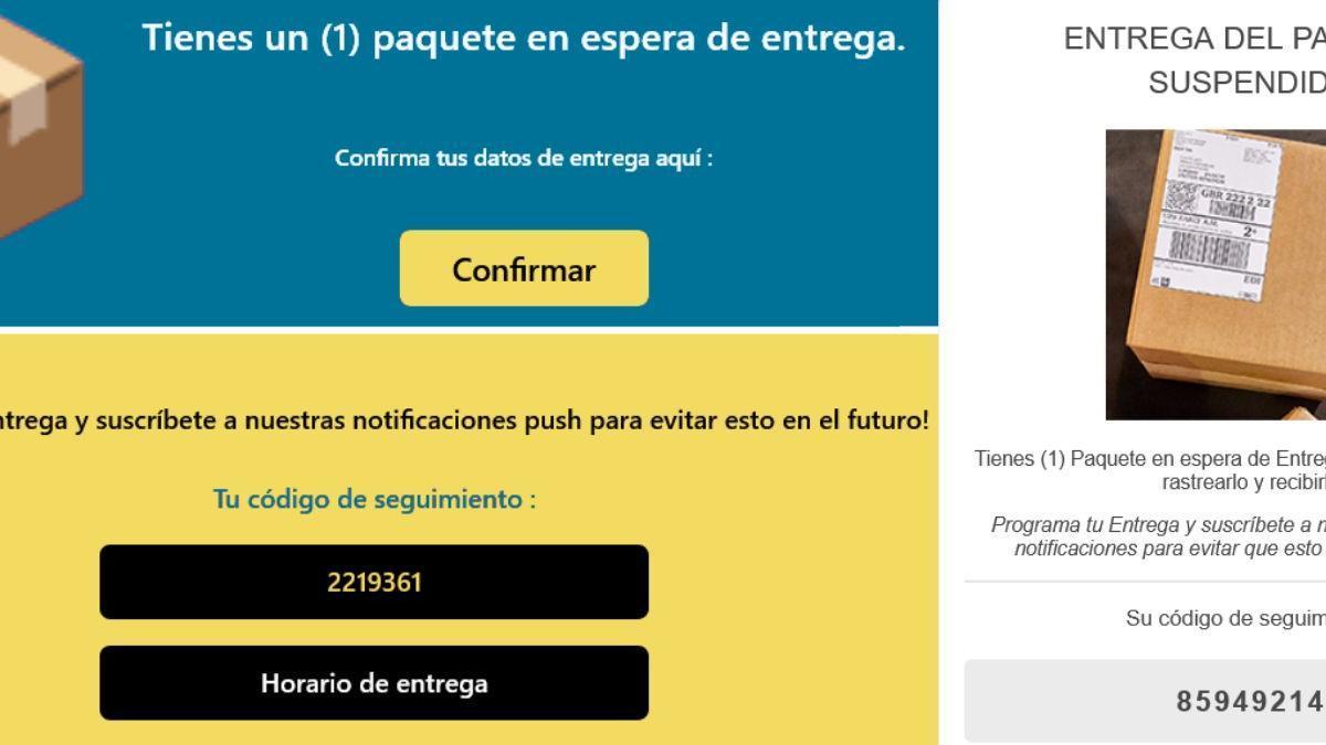 Mensaje simulado de aviso para la entrega de un paquete.