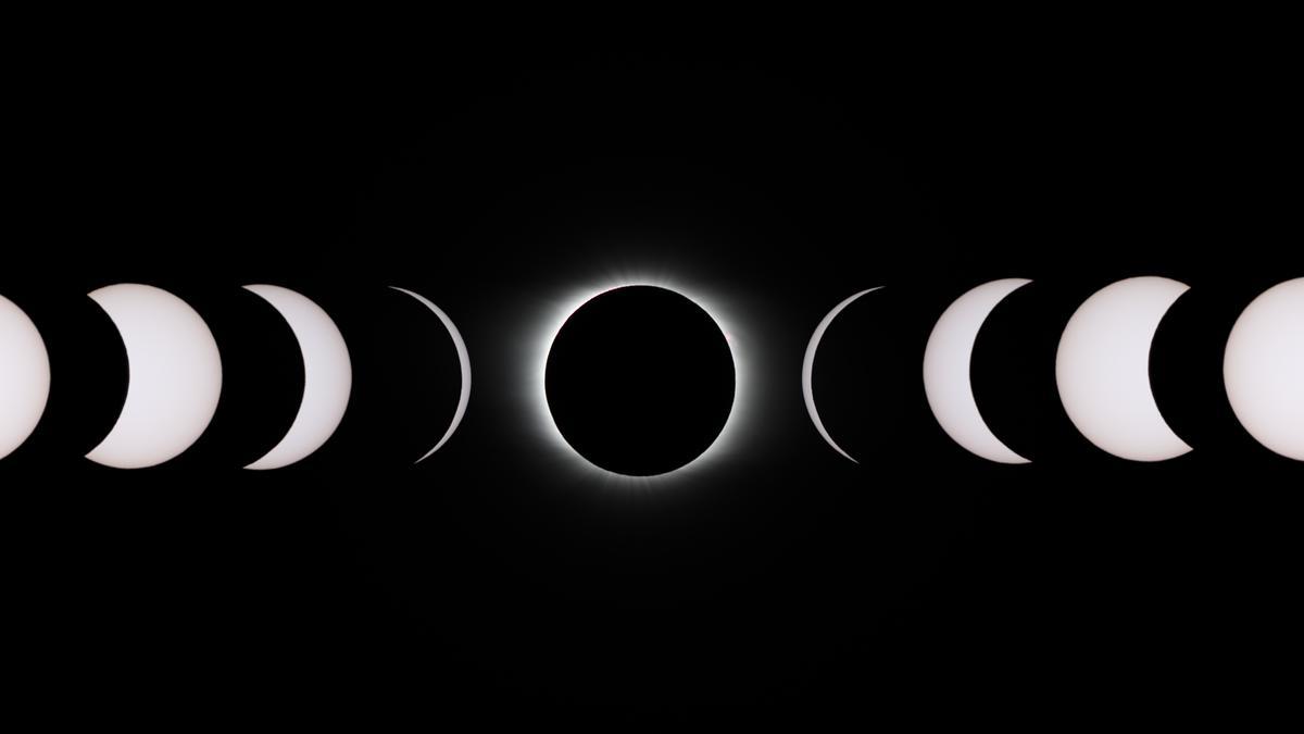Fases de un eclipse total de sol, que dejan al descubierto la corona solar.