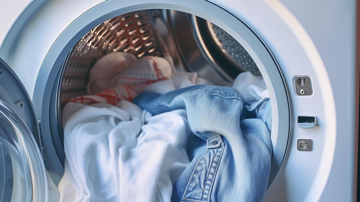 Prendas de ropa en el interior del tambor de una lavadora.
