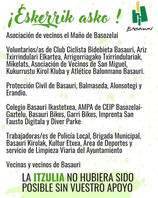 Mensaje de agradecimiento de Basauri