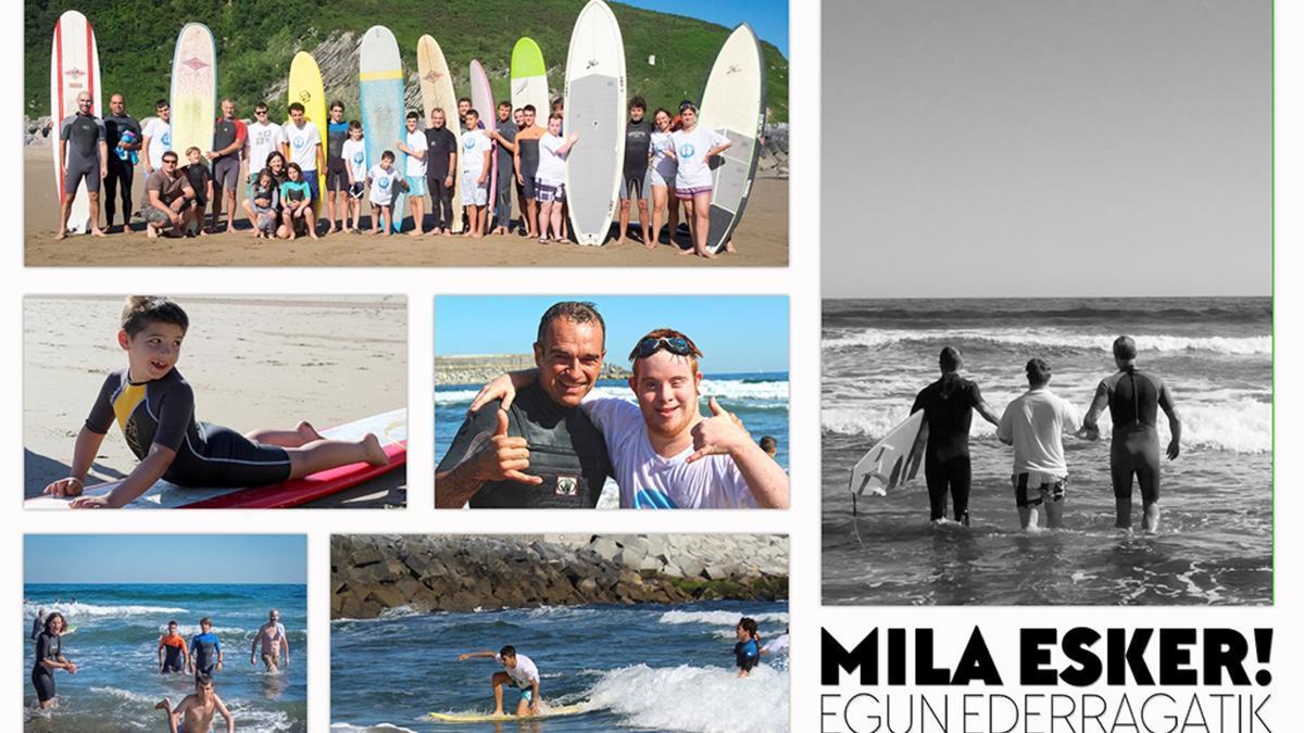 Collage de la jornada de surf inclusivo en la playa de Orio en 2016.