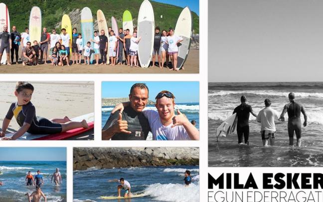 Collage de la jornada de surf inclusivo en la playa de Orio en 2016.
