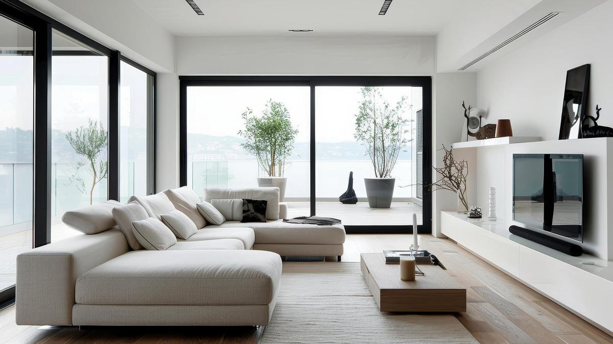 Salón con una decoración minimalista y bonitas vistas exteriores.