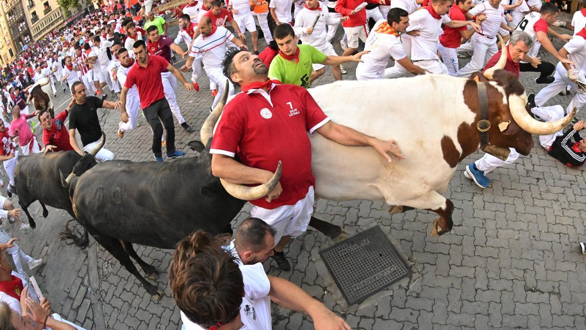 Fotos del último encierro de San Fermín 2023 en Pamplona con toros de Miura