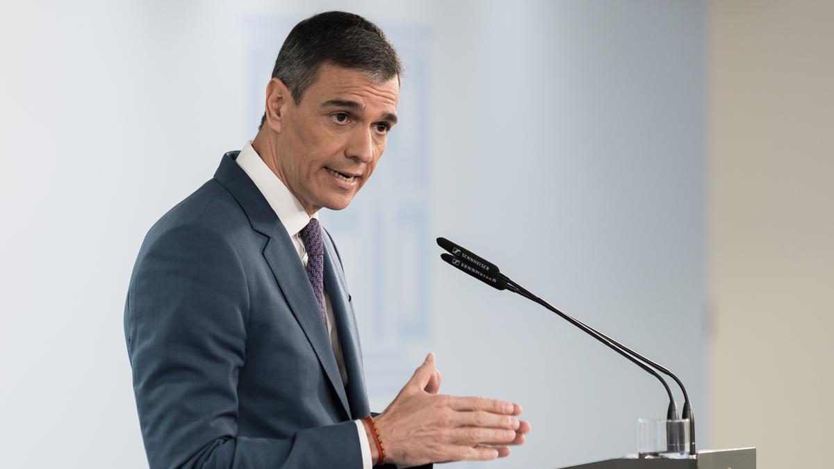 Pedro Sánchez durante su comparecencia este martes en Moncloa.